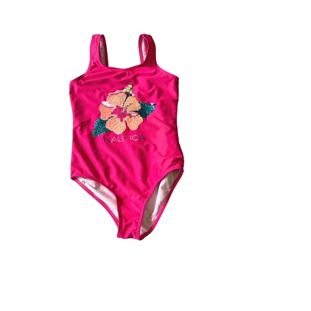 Nautica Girls Pink One Piece Swimsuit Hibiscus Sequin Graphic DO NOT‎ BUY